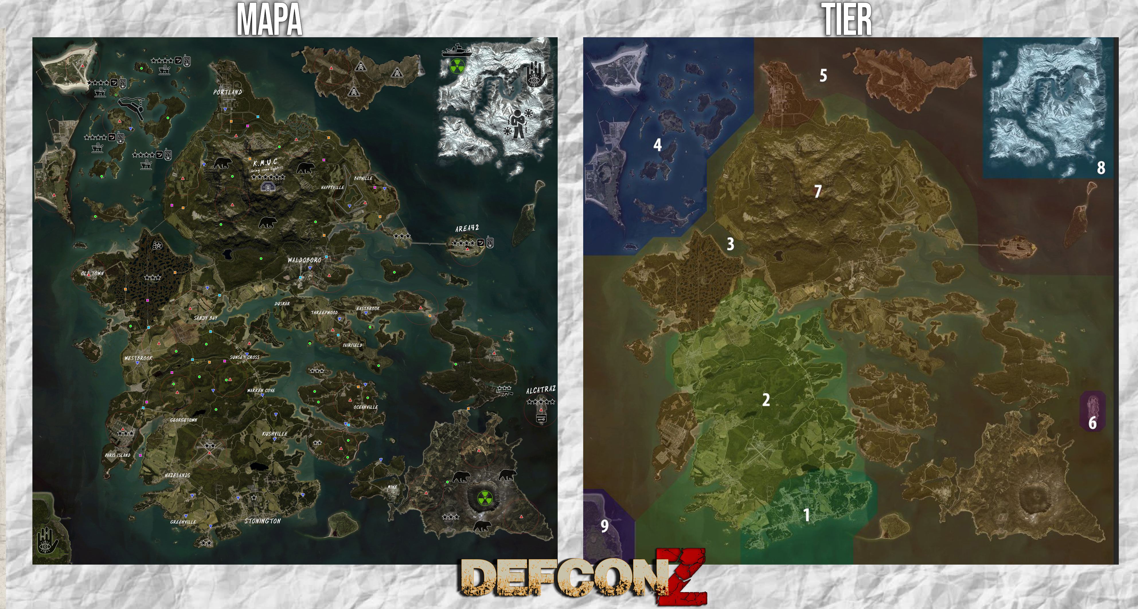 Mapa Deer Isle del servidor DayZ DefconZ Chile con zonas y tiers